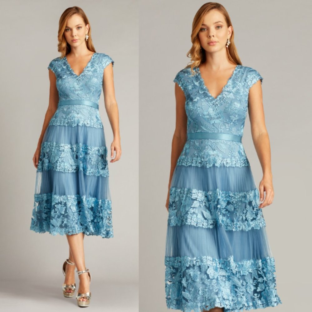NWT Tadashi Shoji DINAH EMBROIDERED TULLE MIDI DRESS BRX22078MD BLUESTONE